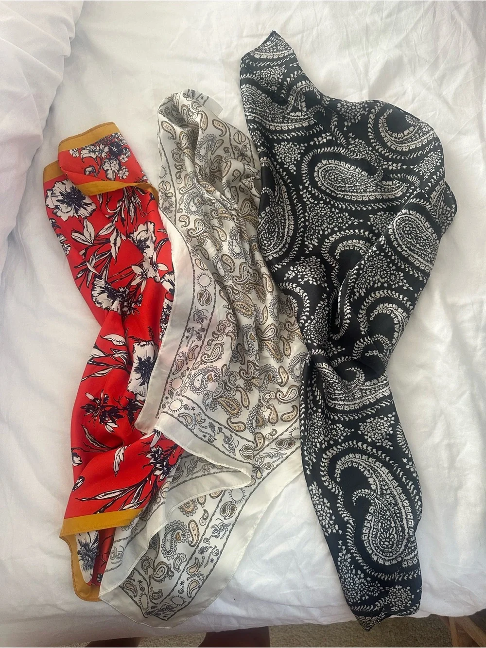 Othr Trio Silk Scarves in Red Floral, Cream Paisley, and Black Paisley